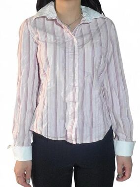 GAP Women’s Pink and White Striped Button-Down Shirt